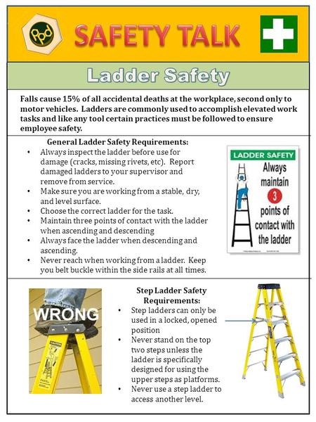 Falls cause 15% of all accidental deaths at the workplace, second only to motor vehicles. Ladders are commonly used to accomplish elevated work tasks and.