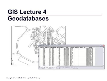 GIS 1 GIS Lecture 4 Geodatabases Copyright – Kristen S. Kurland, Carnegie Mellon University.