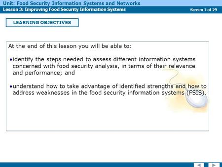 Screen 1 of 29 Unit: Food Security Information Systems and Networks Lesson 3: Improving Food Security Information Systems LEARNING OBJECTIVES At the end.