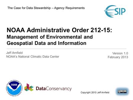 NOAA Administrative Order 212-15: Management of Environmental and Geospatial Data and Information Jeff Arnfield NOAA’s National Climatic Data Center Version.