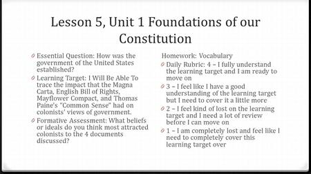 Lesson 5, Unit 1 Foundations of our Constitution 0 Essential Question: How was the government of the United States established? 0 Learning Target: I Will.