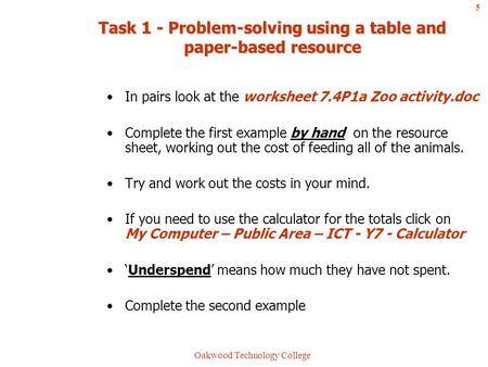 Oakwood Technology College Task 1 - Problem-solving using a table and paper-based resource In pairs look at the worksheet 7.4P1a Zoo activity.doc Complete.
