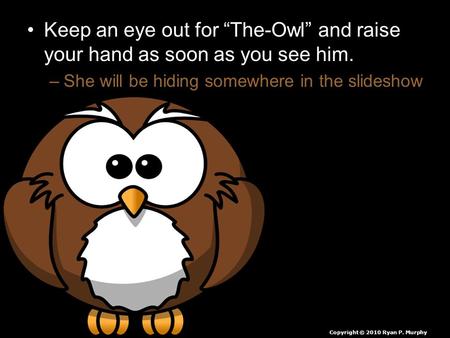 Keep an eye out for “The-Owl” and raise your hand as soon as you see him. –She will be hiding somewhere in the slideshow Copyright © 2010 Ryan P. Murphy.