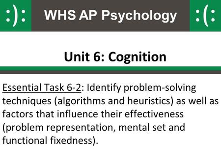 WHS AP Psychology Unit 6: Cognition Essential Task 6-2: Identify problem-solving techniques (algorithms and heuristics) as well as factors that influence.