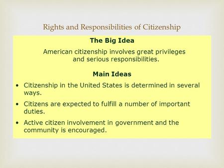  Rights and Responsibilities of Citizenship The Big Idea American citizenship involves great privileges and serious responsibilities. Main Ideas Citizenship.