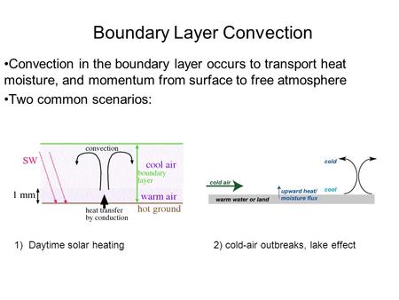 Boundary Layer Convection Convection in the boundary layer occurs to transport heat moisture, and momentum from surface to free atmosphere Two common scenarios: