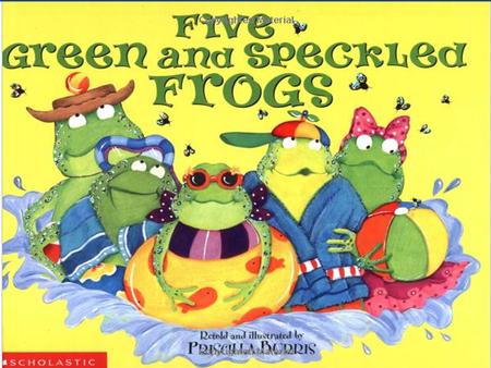 Five green and speckled frogs, sat on a speckled log,