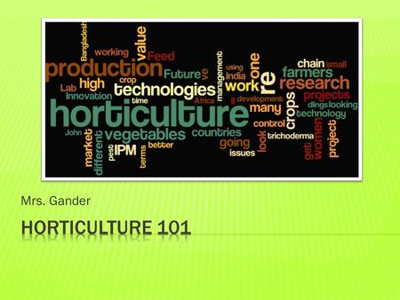 Mrs. Gander. Definition: hor·ti·cul·ture [ ˈ hôrd ə ˌ k ə lCH ə r] noun the art or practice of garden cultivation and management.