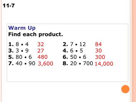 11-7 Multiplying Integers Warm Up Find each product. 1. 8 42. 7 12 3. 3 94. 6 5 5. 80 66. 50 6 7. 40 908. 20 700 32 84 27 30 480 300 3,600 14,000.