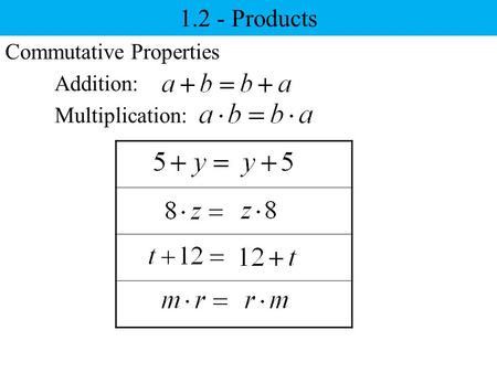 1.2 - Products Commutative Properties Addition: Multiplication: