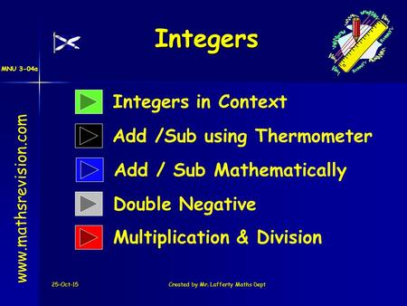 MNU 3-04a 25-Oct-15Created by Mr. Lafferty Maths Dept Integers Integers in Context Add /Sub using Thermometer www.mathsrevision.com Add / Sub Mathematically.