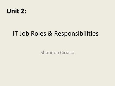 IT Job Roles & Responsibilities Shannon Ciriaco Unit 2: