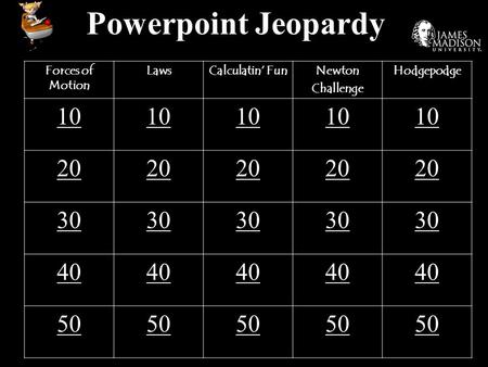 Powerpoint Jeopardy Forces of Motion LawsCalculatin’ FunNewton Challenge Hodgepodge 10 20 30 40 50.