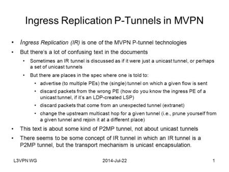 L3VPN WG2014-Jul-221 Ingress Replication P-Tunnels in MVPN I ngress Replication (IR) is one of the MVPN P-tunnel technologies But there’s a lot of confusing.