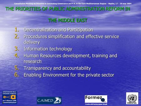 THE PRIORITIES OF PUBLIC ADMINISTRATION REFORM IN THE MIDDLE EAST THE PRIORITIES OF PUBLIC ADMINISTRATION REFORM IN THE MIDDLE EAST 1. Decentralization.