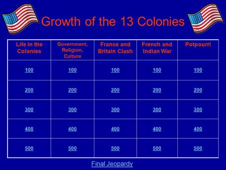 Growth of the 13 Colonies Life in the Colonies Government, Religion, Culture France and Britain Clash French and Indian War Potpourri 100 200 300 400 500.