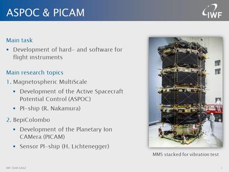 ASPOC & PICAM IWF/ÖAW GRAZ1 Main task  Development of hard- and software for flight instruments Main research topics 1.Magnetospheric MultiScale  Development.