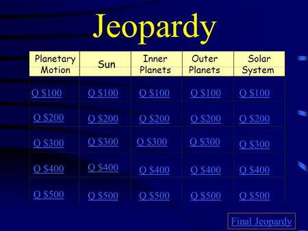 Jeopardy Planetary Motion Sun Inner Planets Outer Planets Solar System Q $100 Q $200 Q $300 Q $400 Q $500 Q $100 Q $200 Q $300 Q $400 Q $500 Final Jeopardy.