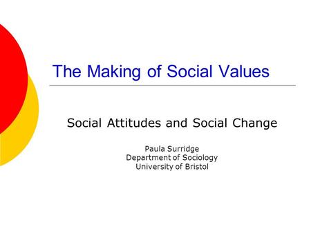 The Making of Social Values Social Attitudes and Social Change Paula Surridge Department of Sociology University of Bristol.