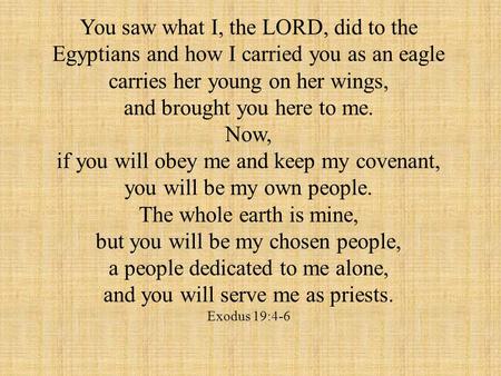 You saw what I, the LORD, did to the Egyptians and how I carried you as an eagle carries her young on her wings, and brought you here to me. Now, if you.