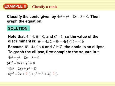 4(x 2 – 2x + ? ) + y 2 = 8 + 4( ? ) EXAMPLE 6 Classify a conic Classify the conic given by 4x 2 + y 2 – 8x – 8 = 0. Then graph the equation. SOLUTION Note.