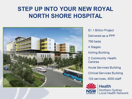 STEP UP INTO YOUR NEW ROYAL NORTH SHORE HOSPITAL $1.1 Billion Project Delivered as a PPP 760 beds 4 Stages: Kolling Building 2 Community Health Centres.