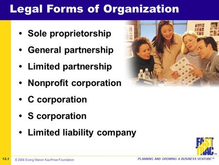 ©2001 Kauffman Center for Entrepreneurial LeadershipPLANNING AND GROWING A BUSINESS VENTURE™ ™ Legal Forms of Organization Sole proprietorship General.