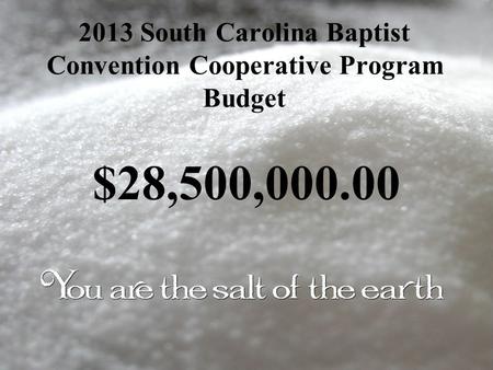 2013 South Carolina Baptist Convention Cooperative Program Budget $28,500,000.00.