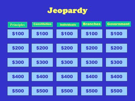 Jeopardy $100 $200 $300 $400 $500 Principles $100 $200 $300 $400 $500 Constitution $100 $200 $300 $400 $500 Individuals $100 $200 $300 $400 $500 Branches.