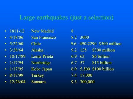 Large earthquakes (just a selection) 1811-12 New Madrid 8 4/18/06 San Francisco 8.2 3000 5/22/60 Chile 9.6 490-2290 $500 million 3/28/64 Alaska 9.2 125.