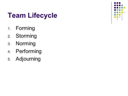 Team Lifecycle 1. Forming 2. Storming 3. Norming 4. Performing 5. Adjourning.