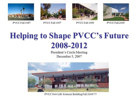 Helping to Shape PVCC’s Future 2008-2012 Helping to Shape PVCC’s Future 2008-2012 President’s Circle Meeting December 3, 2007 PVCC Fall 1987PVCC Fall 1997PVCC.