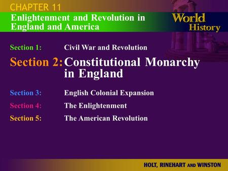 CHAPTER 11 Section 1:Civil War and Revolution Section 2:Constitutional Monarchy in England Section 3:English Colonial Expansion Section 4: The Enlightenment.