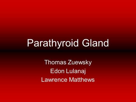 Parathyroid Gland Thomas Zuewsky Edon Lulanaj Lawrence Matthews.