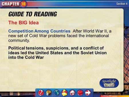 Section 4-Main Idea The BIG Idea Competition Among Countries After World War II, a new set of Cold War problems faced the international community. Political.