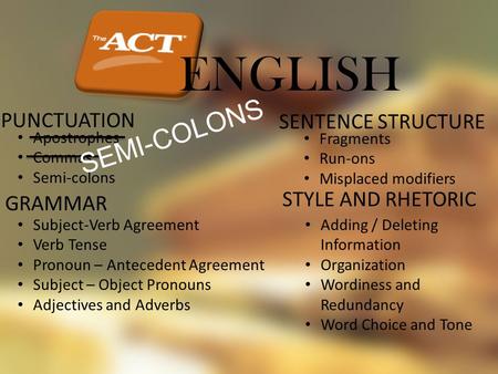 ENGLISH PUNCTUATION Apostrophes Commas Semi-colons GRAMMAR Subject-Verb Agreement Verb Tense Pronoun – Antecedent Agreement Subject – Object Pronouns Adjectives.
