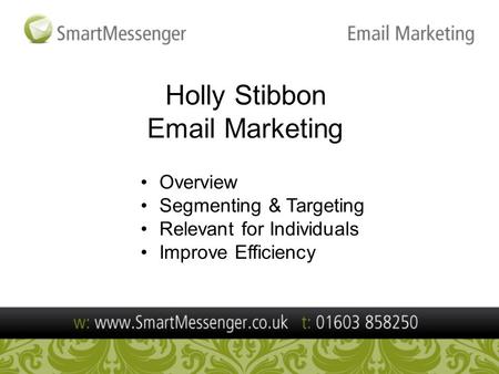 Holly Stibbon Email Marketing Overview Segmenting & Targeting Relevant for Individuals Improve Efficiency.