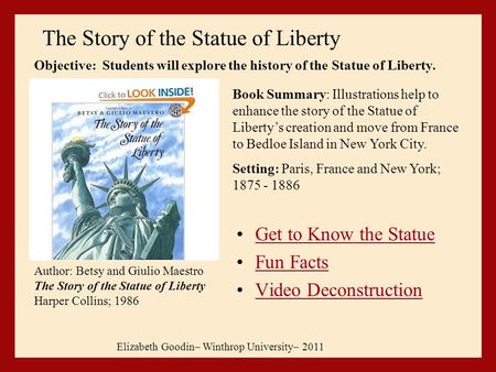 The Story of the Statue of Liberty Elizabeth Goodin– Winthrop University– 2011 Author: Betsy and Giulio Maestro The Story of the Statue of Liberty Harper.