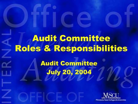 Audit Committee Roles & Responsibilities Audit Committee July 20, 2004.