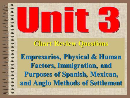 Chart Review Questions Empresarios, Physical & Human Factors, Immigration, and Purposes of Spanish, Mexican, and Anglo Methods of Settlement.