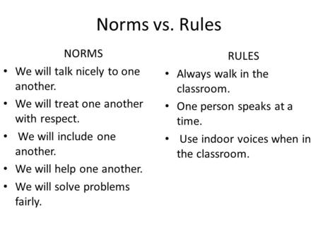 Norms vs. Rules NORMS We will talk nicely to one another. We will treat one another with respect. We will include one another. We will help one another.