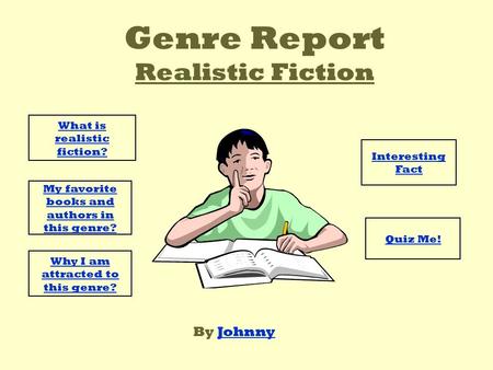 Genre Report Realistic Fiction By JohnnyJohnny What is realistic fiction? My favorite books and authors in this genre? Interesting Fact Quiz Me! Why I.