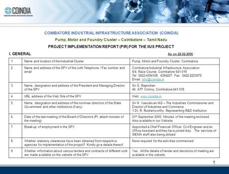 1 COIMBATORE INDUSTRIAL INFRASTRUCTURE ASSOCIATION (COINDIA) Pump, Motor and Foundry Cluster – Coimbatore – Tamil Nadu PROJECT IMPLEMENTATION REPORT (PIR)