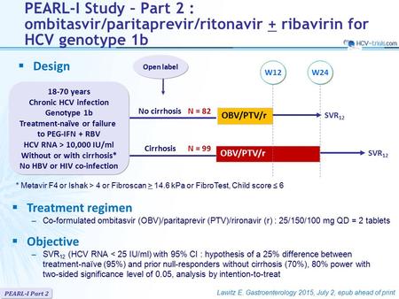 OBV/PTV/r Open label 18-70 years Chronic HCV infection Genotype 1b Treatment-naïve or failure to PEG-IFN + RBV HCV RNA > 10,000 IU/ml Without or with cirrhosis*