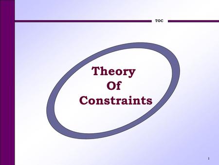 TOC 1 Theory Of Constraints. TOC 2 Theory of Constraints How does TOC differ from the conventional shop control theory? Throughput definition * Emphasis.
