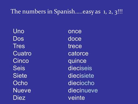 The numbers in Spanish…..easy as 1, 2, 3!!! Unoonce Dos doce Tres trece Cuatro catorce Cinco quince Seis dieciseis Siete diecisiete Ocho dieciocho Nueve.