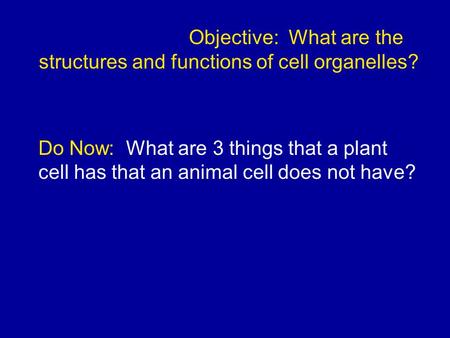 Objective: What are the structures and functions of cell organelles? Do Now: What are 3 things that a plant cell has that an animal cell does not have?