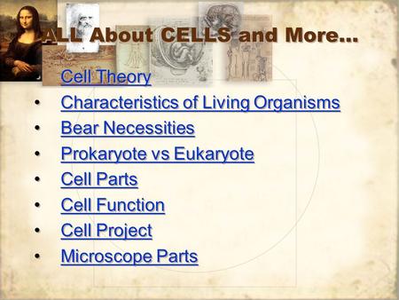 ALL About CELLS and More… Cell Theory Characteristics of Living Organisms Bear Necessities Prokaryote vs Eukaryote Cell Parts Cell Function Cell Project.