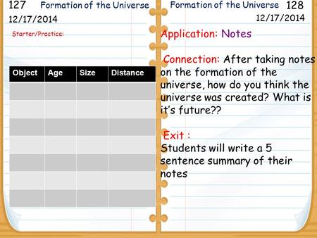 Starter/Practice: Next slide 12/17/2014 127 128 12/17/2014 Application: Notes Connection: After taking notes on the formation of the universe, how do you.