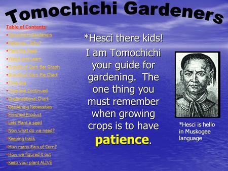 *Hesci there kids! I am Tomochichi your guide for gardening. The one thing you must remember when growing crops is to have patience. Table of Contents: